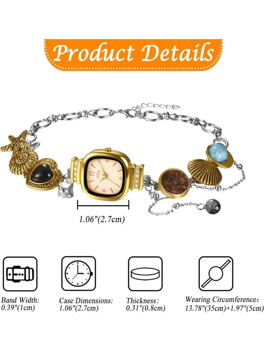 Women Silver Quartz Square Dial Seashell Starfish Imitation Ocean Necklace Watch